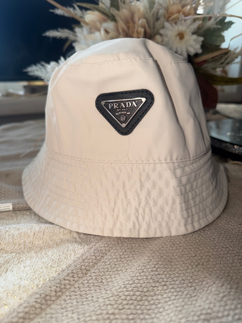 Lux  Nylon Triangle Logo Bucket Hat - Cream with Black Patch